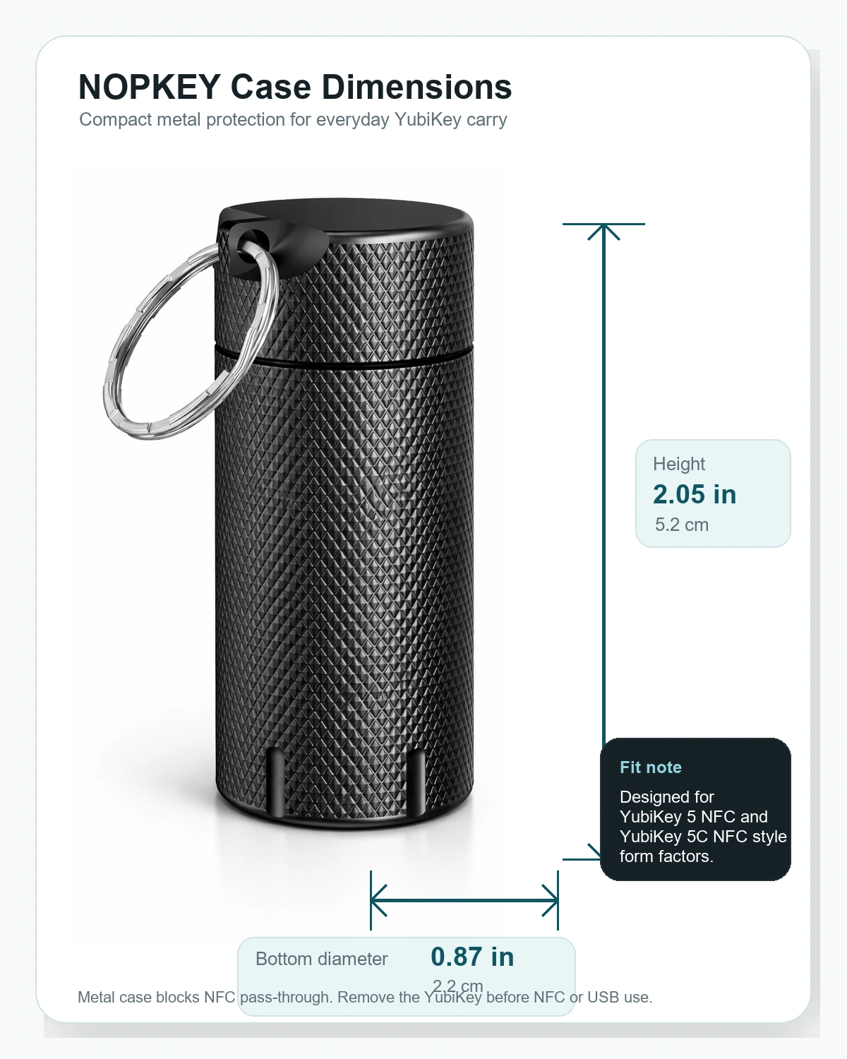NOPKEY case dimensions: 2.05 inch height and 0.87 inch bottom diameter