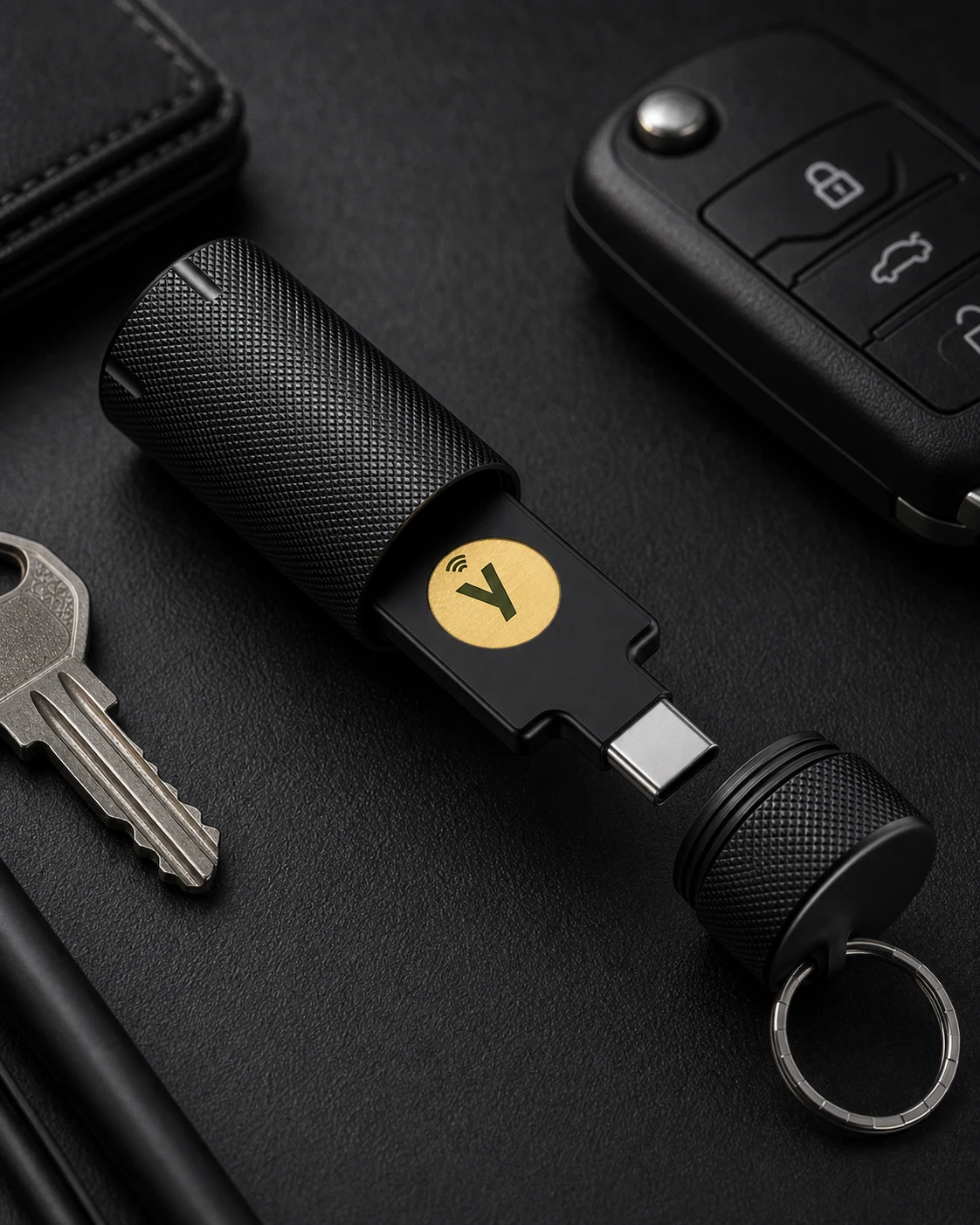 Open NOPKEY case with YubiKey in an everyday carry key setup