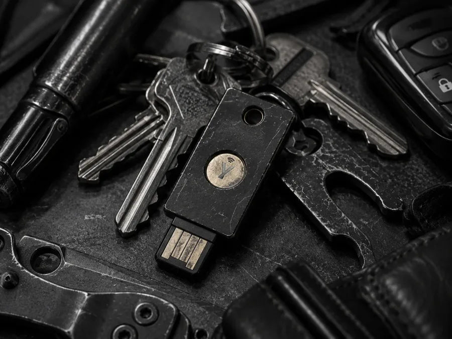 Bare YubiKey mixed with metal keys and daily carry tools
