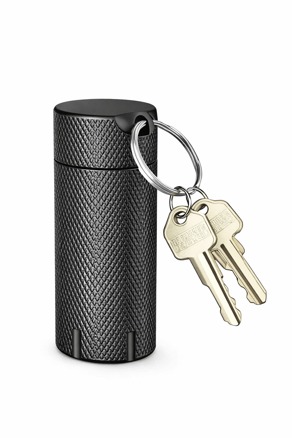 Closed black knurled metal security key organizer with keyring