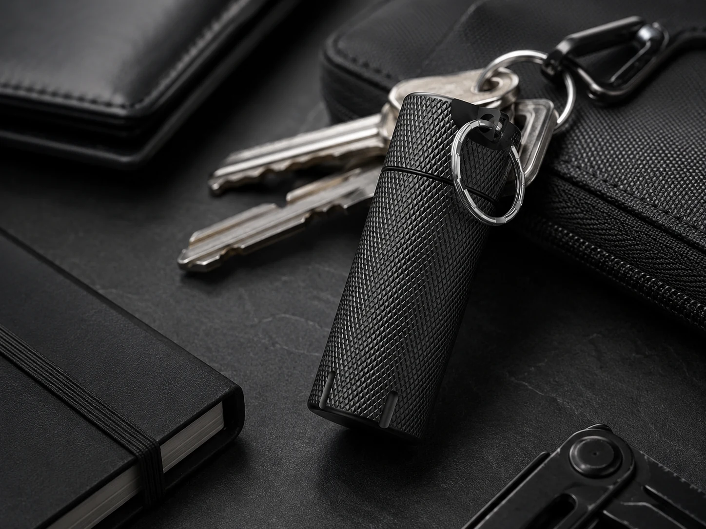 Closed NOPKEY case attached to everyday keys beside a wallet and EDC gear